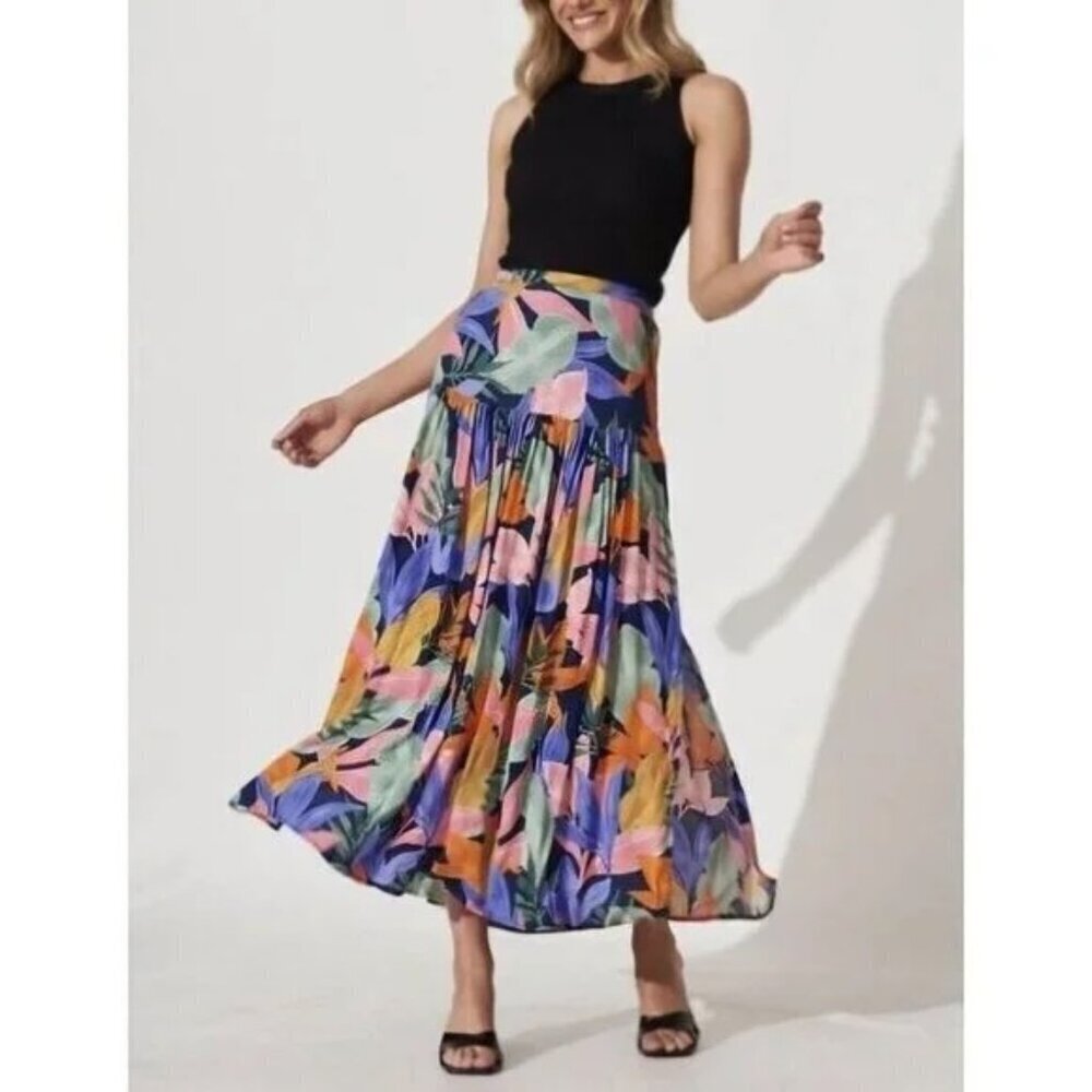NWT ATL ABLE THE LABEL LEONARD TROPICAL FLORAL TIERED MAXI SIDE SLIT SKIRT L
